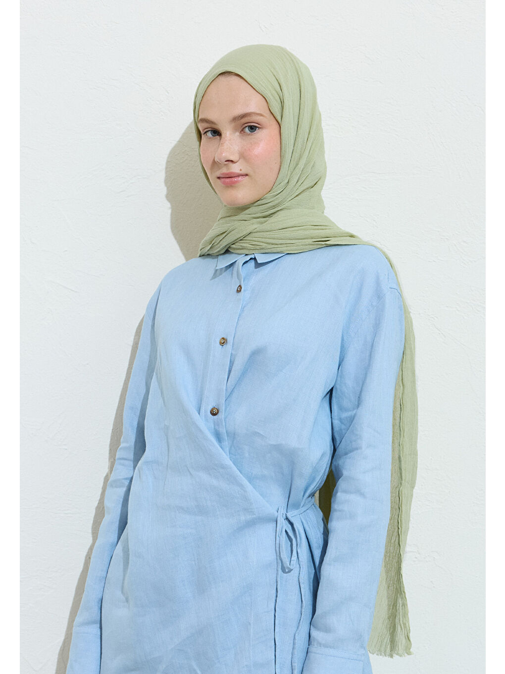 Yeşil Pıstachıo Cream Pamuklu Keten Şal