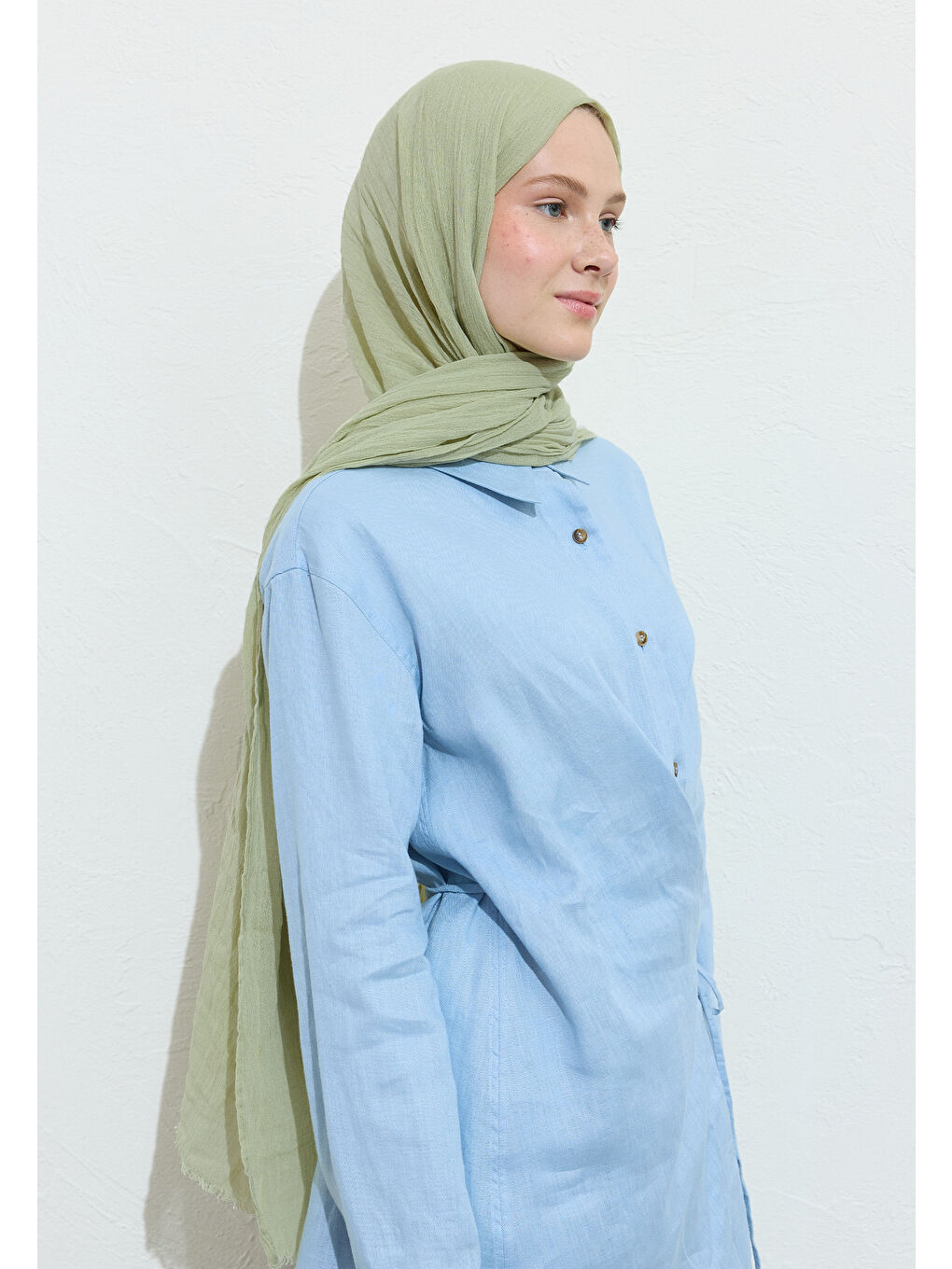 Yeşil Pıstachıo Cream Pamuklu Keten Şal-3
