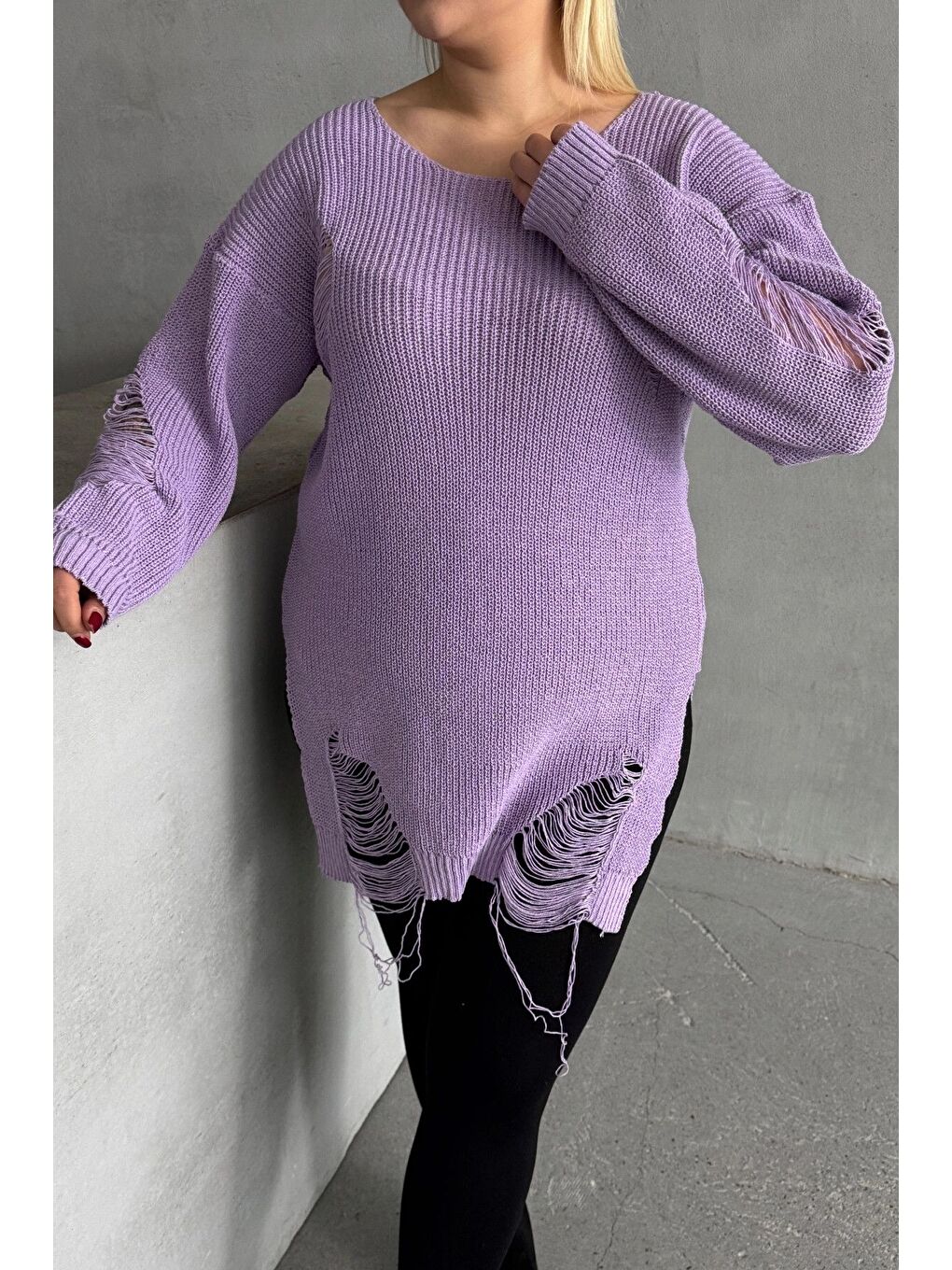 Mor Büyük Beden Uzun Kollu Bisiklet Yaka Yırtık Detaylı Triko Kazak T-3-5