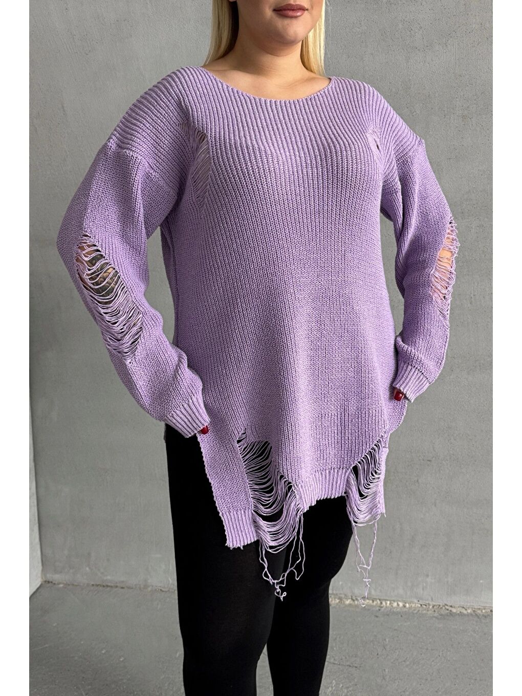 Mor Büyük Beden Uzun Kollu Bisiklet Yaka Yırtık Detaylı Triko Kazak T-3-6