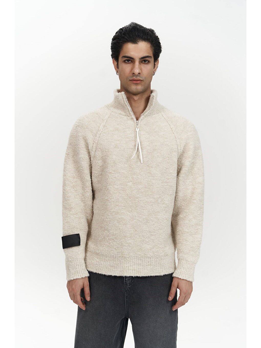 Zane Fermuar Detay Bej Erkek Triko Kazak-1