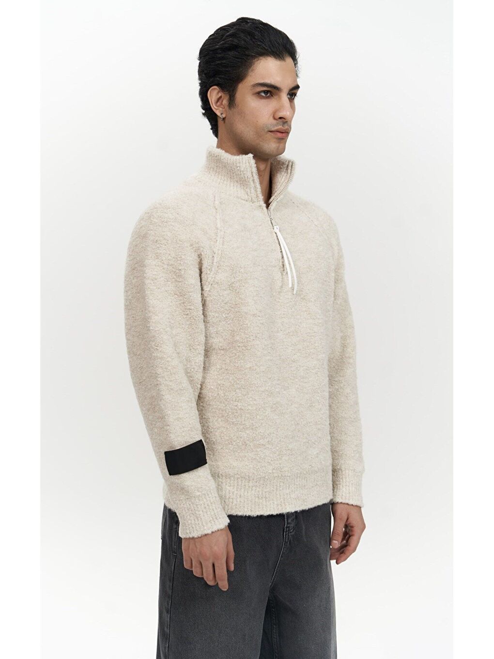 Zane Fermuar Detay Bej Erkek Triko Kazak-2