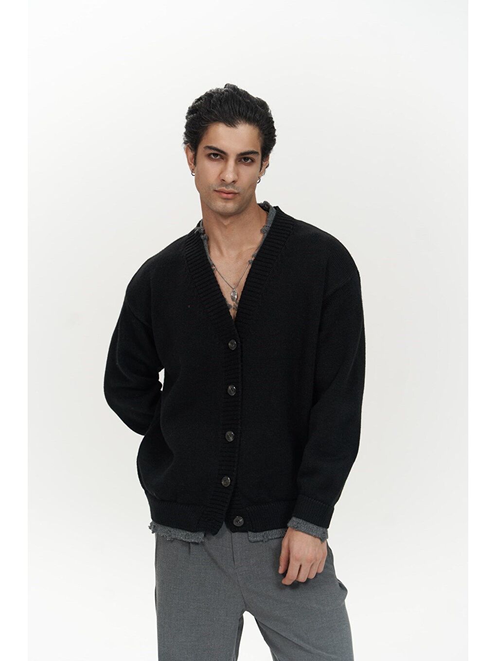 Raid Çift Yaka Siyah Erkek Triko Kazak