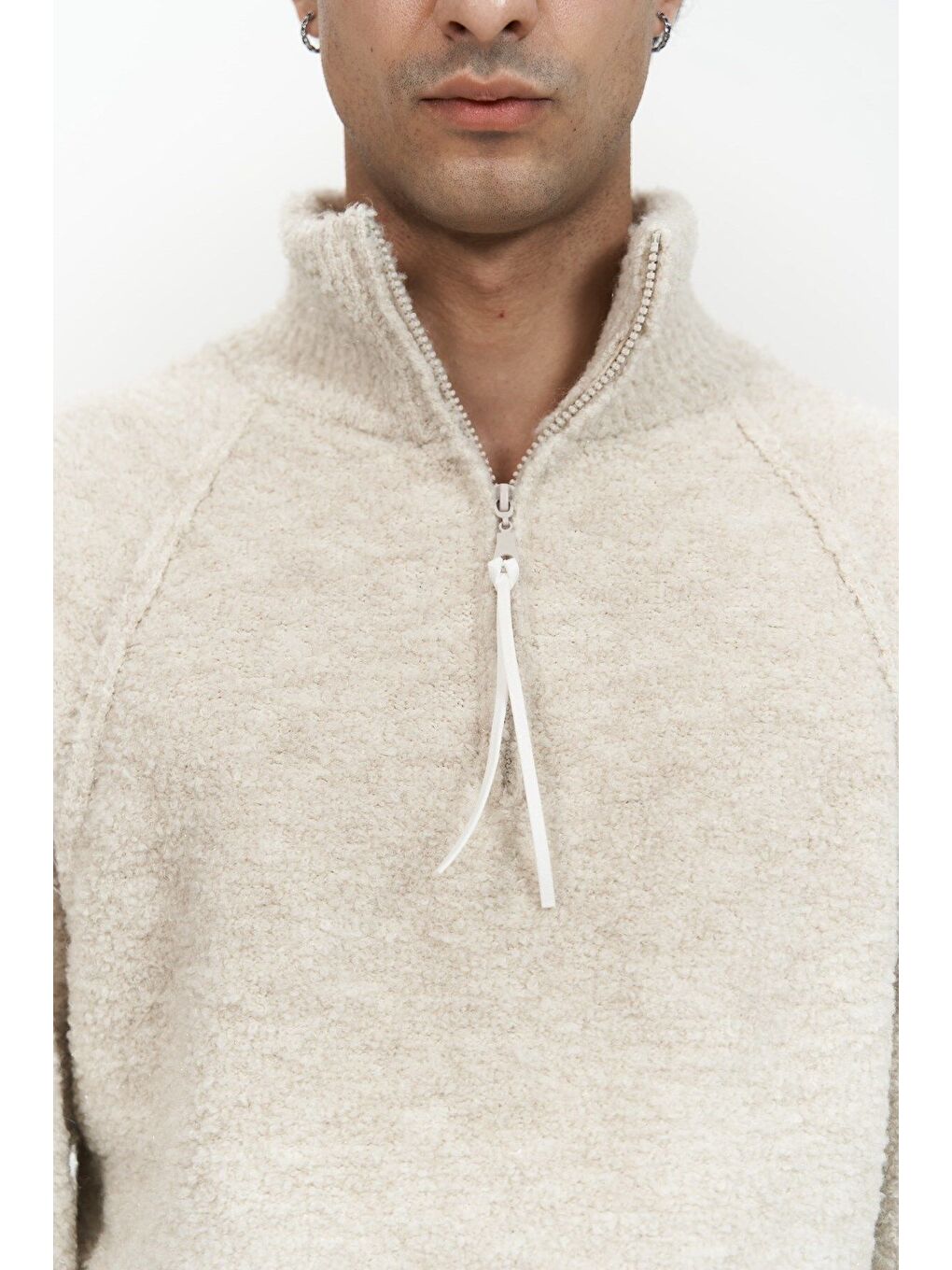 Zane Fermuar Detay Bej Erkek Triko Kazak-4