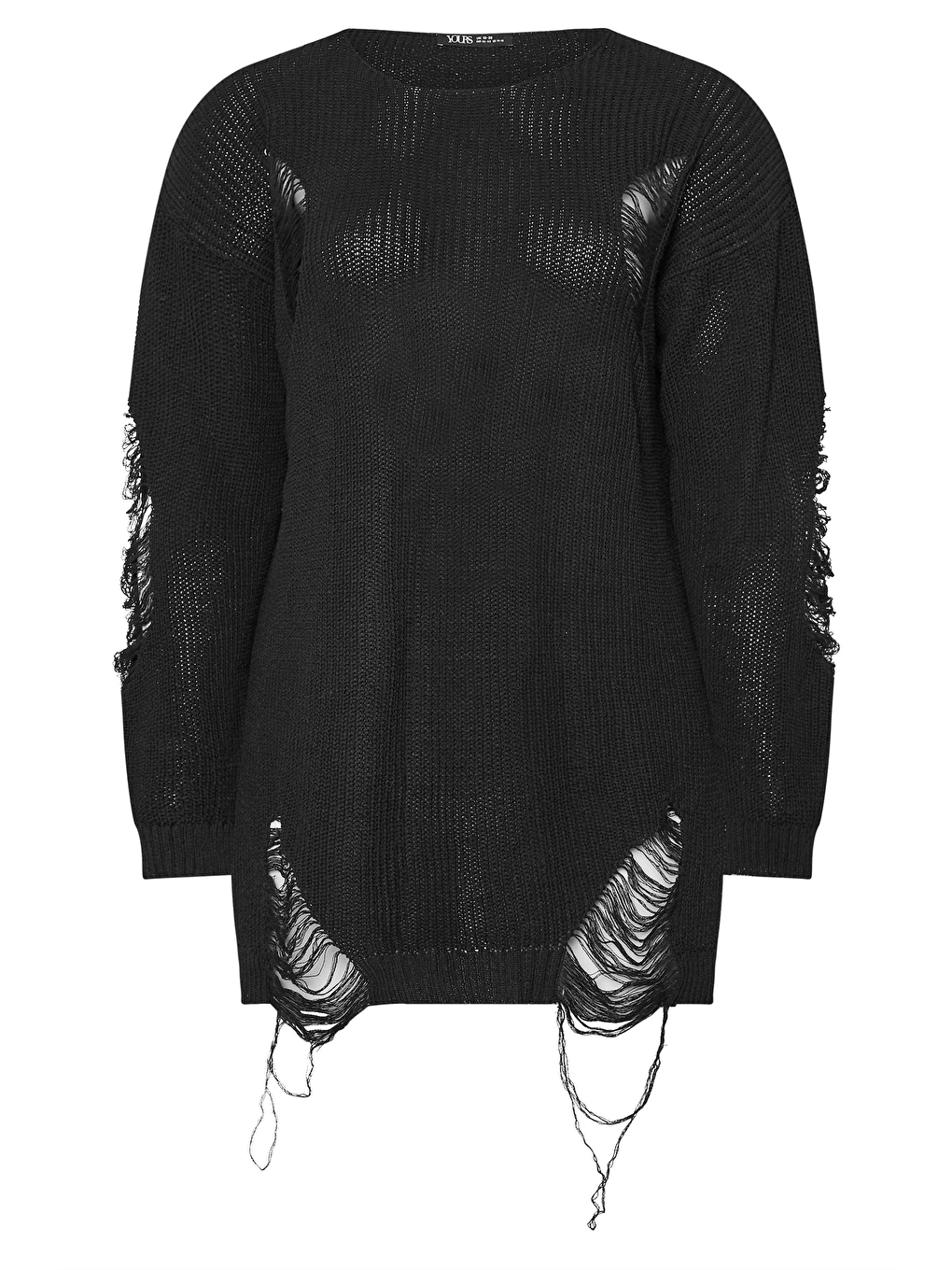 Siyah Büyük Beden Uzun Kollu Bisiklet Yaka Yırtık Detaylı Triko Kazak 303582-5