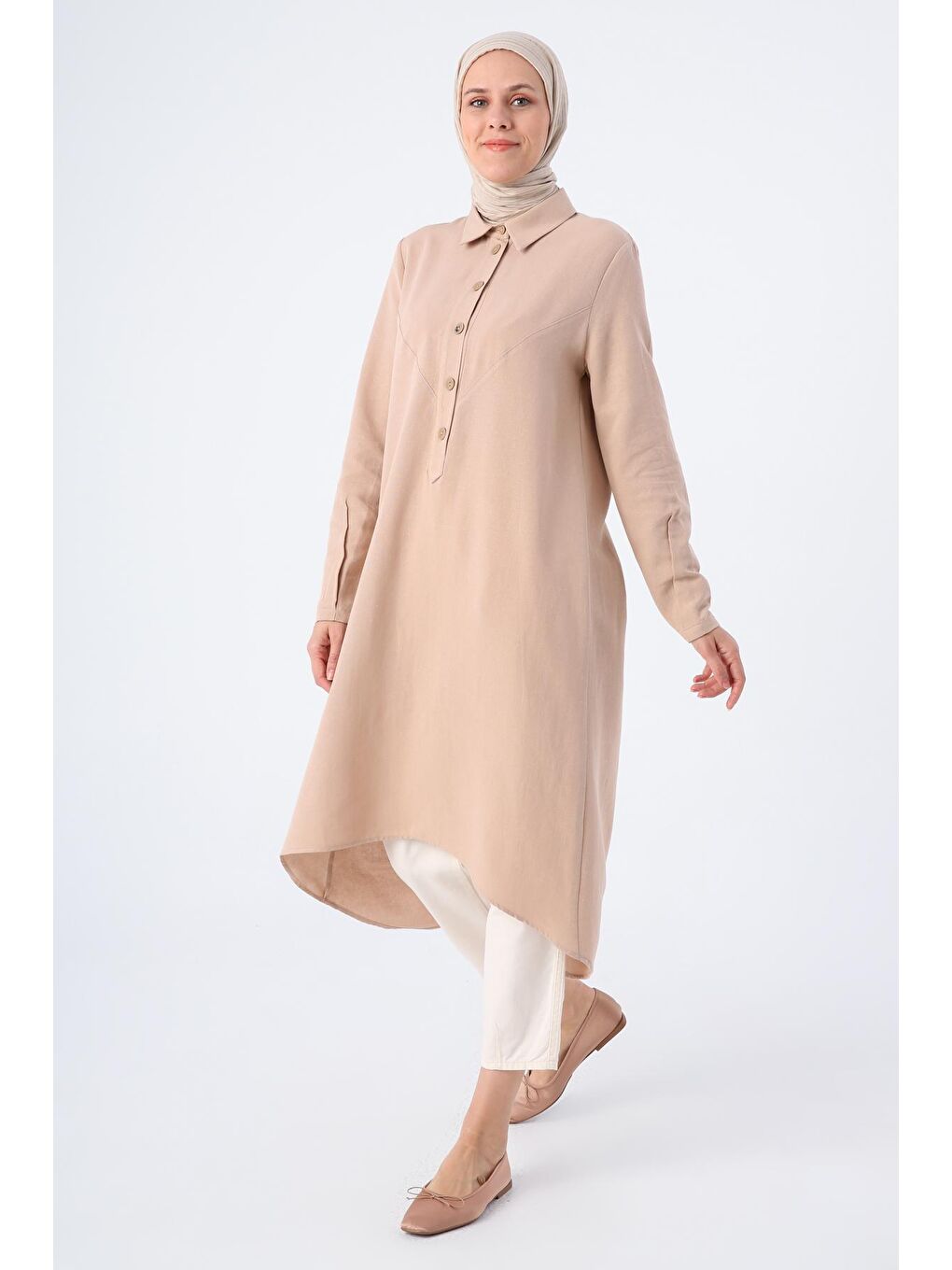 Koyu Bej Gömlek Yaka Arkası Uzun Keten Tunik