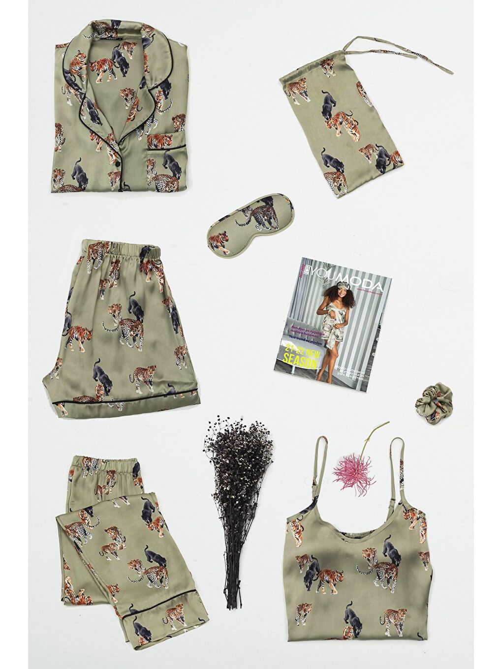 Gri Saten 7'li Kaplan Desen Yeşil Pijama Takımı-4