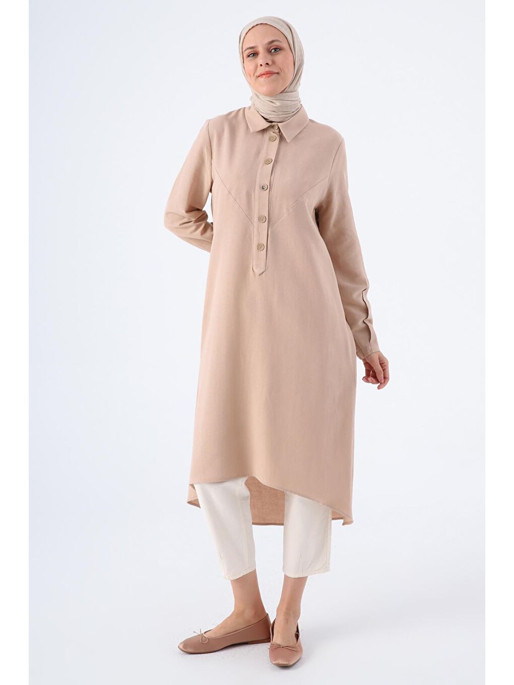 Koyu Bej Gömlek Yaka Arkası Uzun Keten Tunik-1