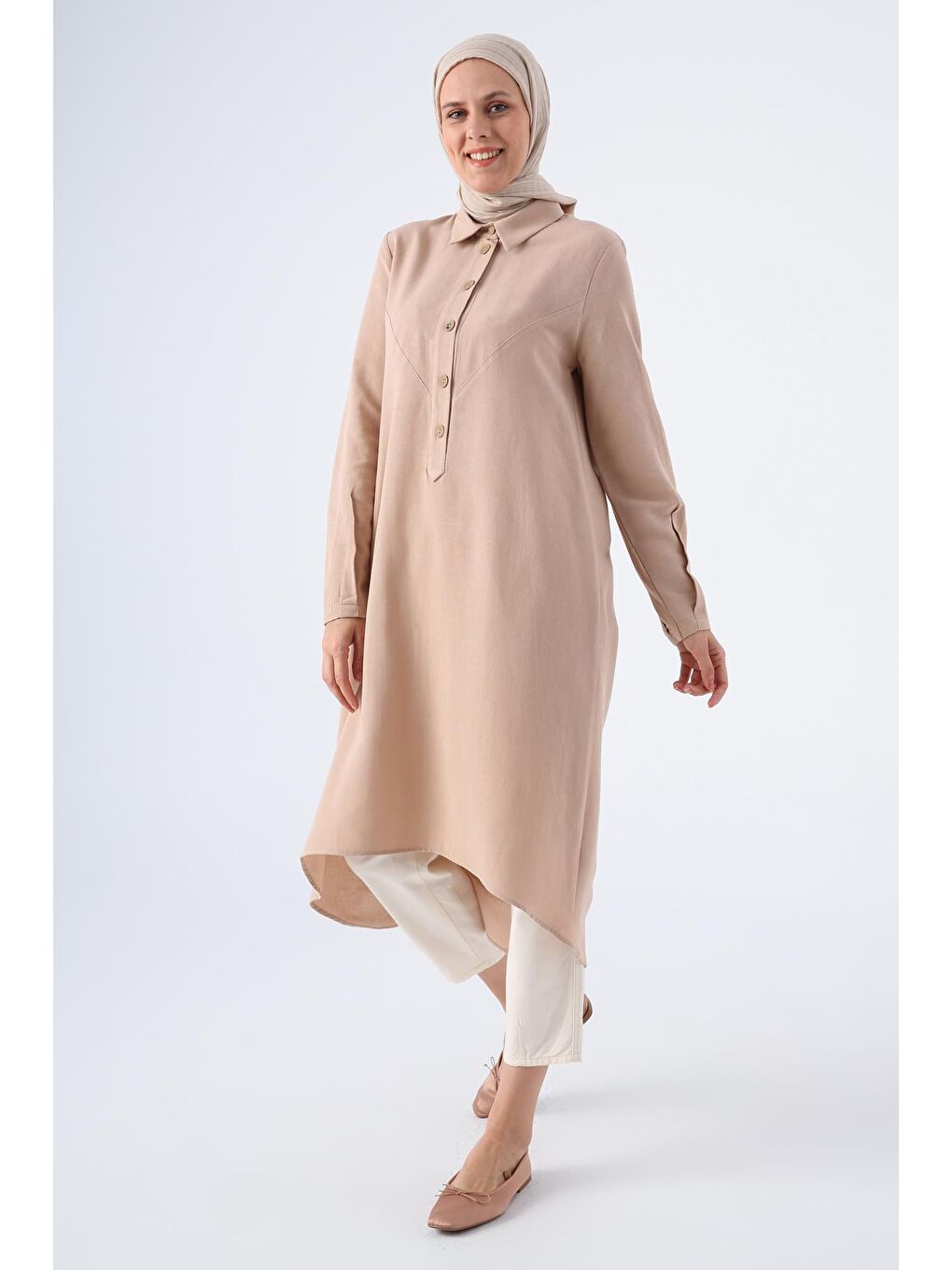 Koyu Bej Gömlek Yaka Arkası Uzun Keten Tunik-2