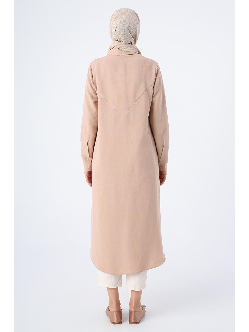 Koyu Bej Gömlek Yaka Arkası Uzun Keten Tunik-3