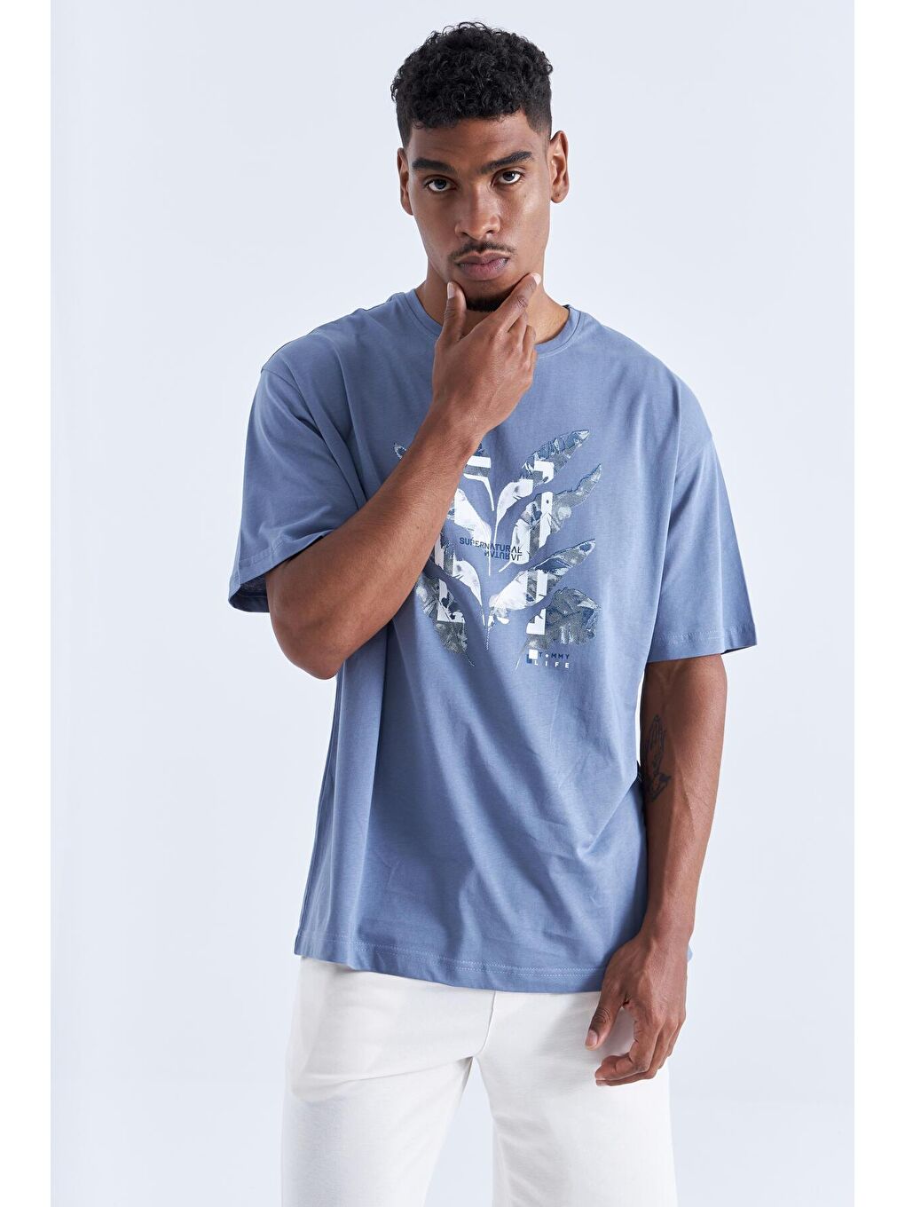 Petrol Büyük Baskılı O Yaka Erkek Oversize Tişört  - 88092-2