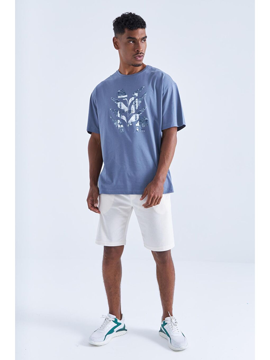 Petrol Büyük Baskılı O Yaka Erkek Oversize Tişört  - 88092-3