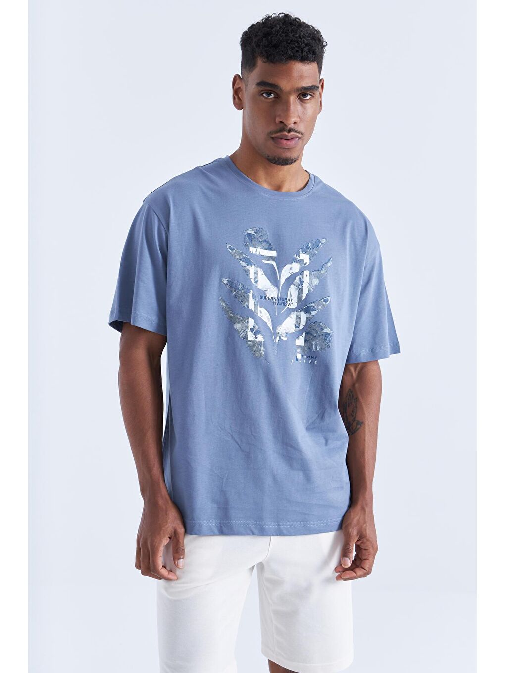 Petrol Büyük Baskılı O Yaka Erkek Oversize Tişört  - 88092-4