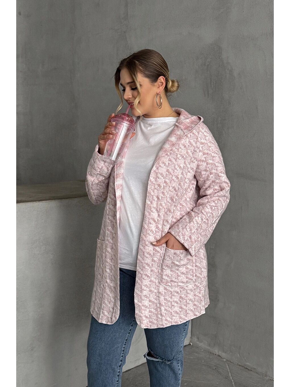 Pembe Büyük Beden Uzun Kollu Kapüşonlu Cepli Önü Kapamasız İnce Hırka 301794