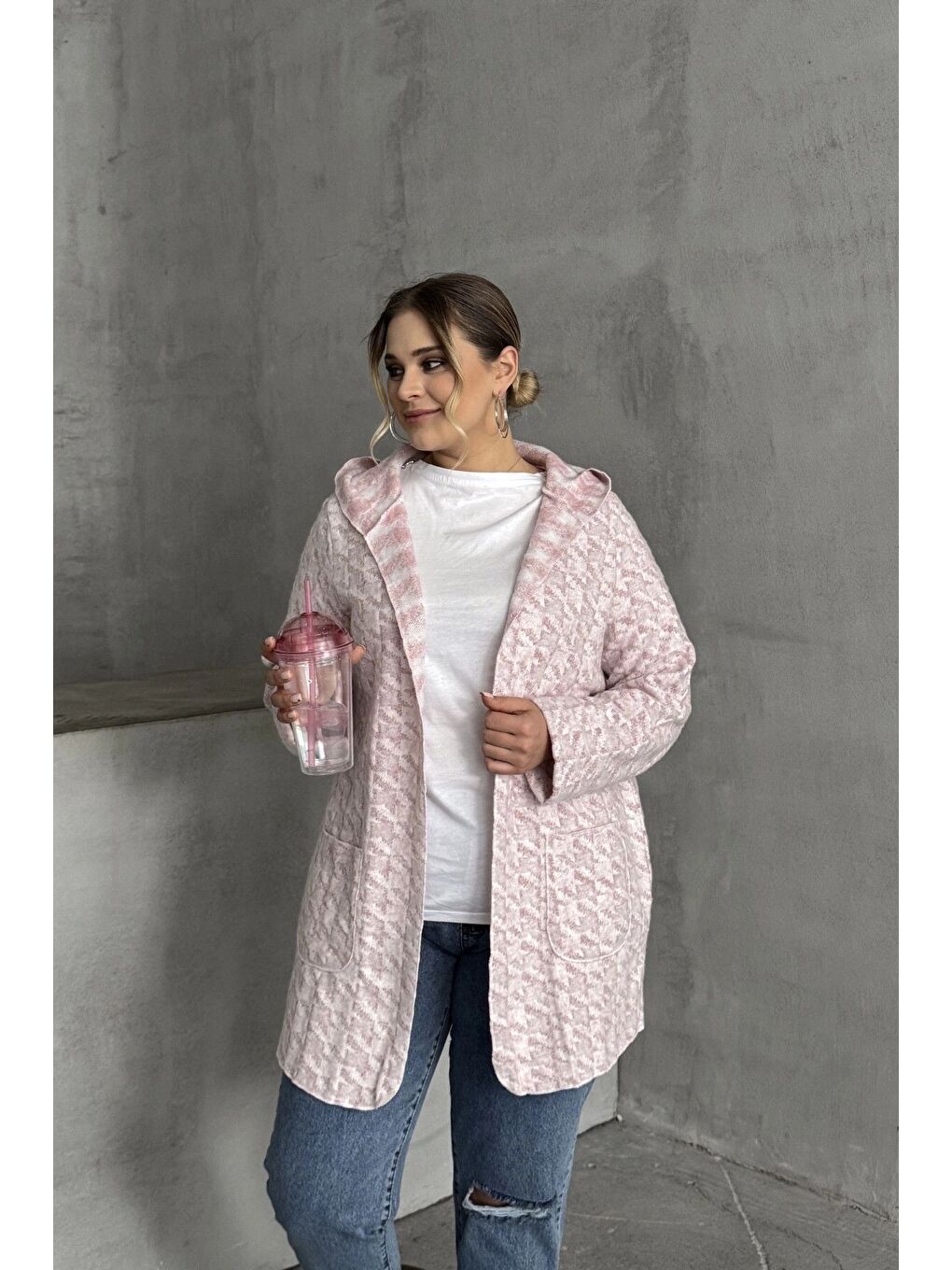 Pembe Büyük Beden Uzun Kollu Kapüşonlu Cepli Önü Kapamasız İnce Hırka 301794-3