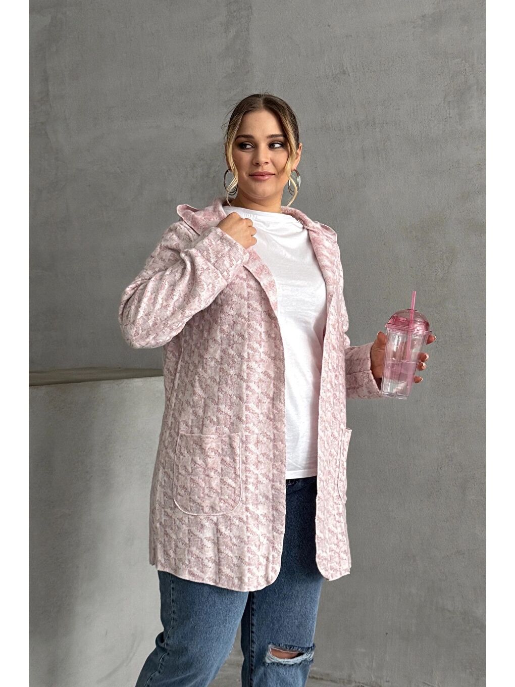 Pembe Büyük Beden Uzun Kollu Kapüşonlu Cepli Önü Kapamasız İnce Hırka 301794-4