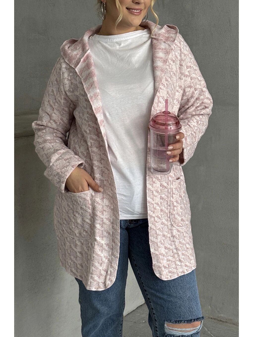 Pembe Büyük Beden Uzun Kollu Kapüşonlu Cepli Önü Kapamasız İnce Hırka 301794-5