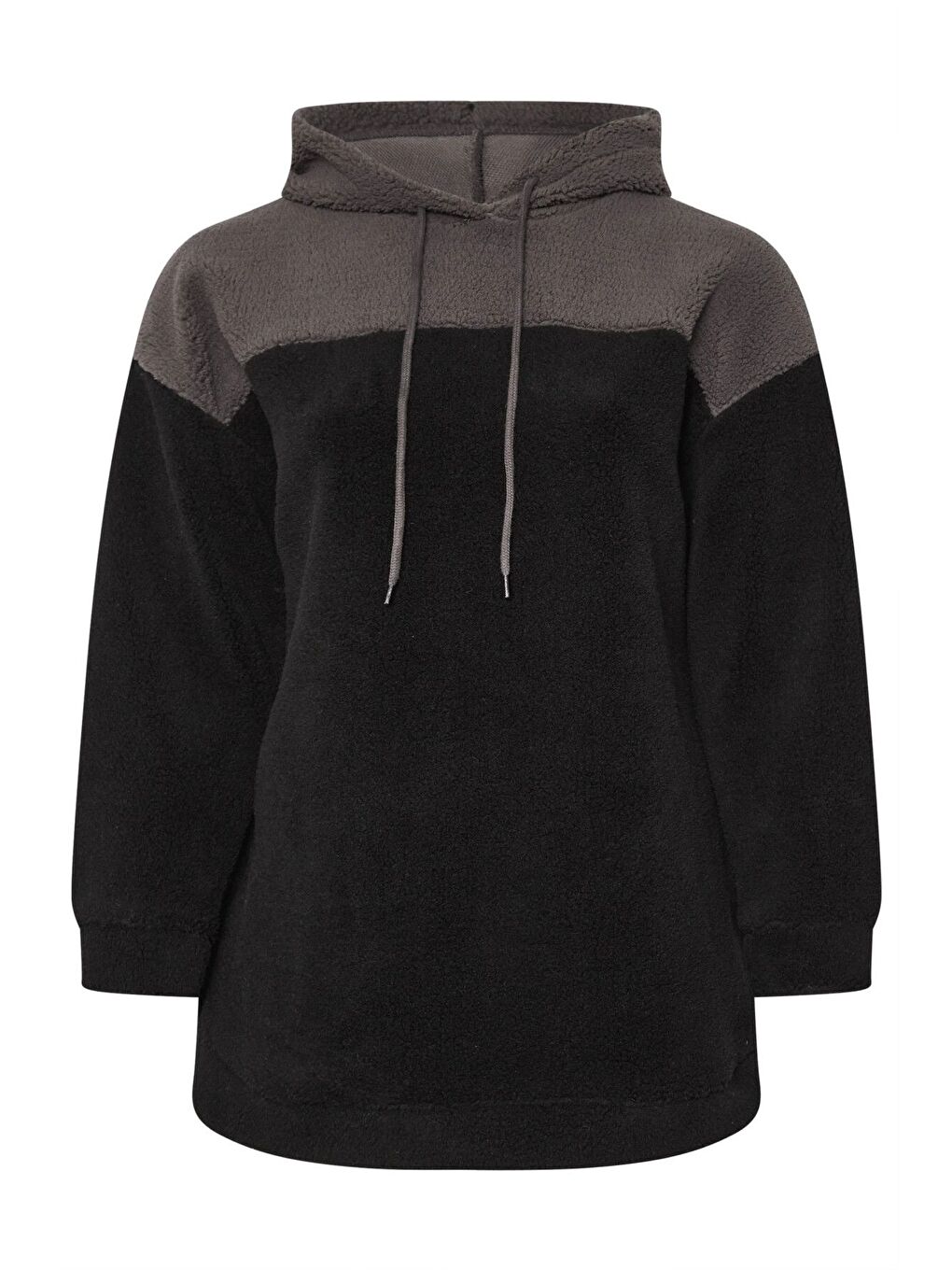 Siyah Büyük Beden Uzun Kollu Kapüşonlu ve Cepli Pelüş Sweatshirt 303790-5
