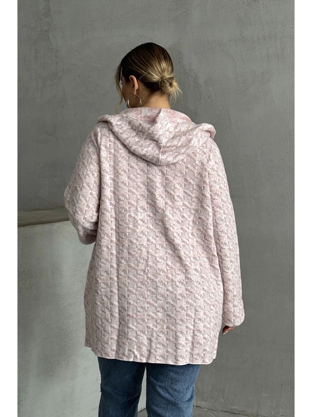 Pembe Büyük Beden Uzun Kollu Kapüşonlu Cepli Önü Kapamasız İnce Hırka 301794-7