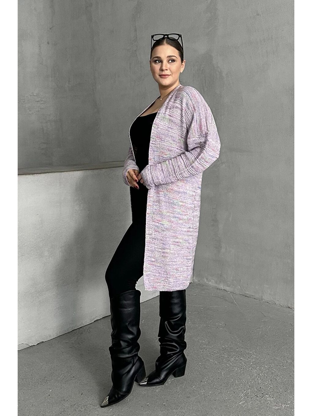 Lila Büyük Beden Uzun Kollu Önü Kapamasız İnce Örme Hırka 302300-1