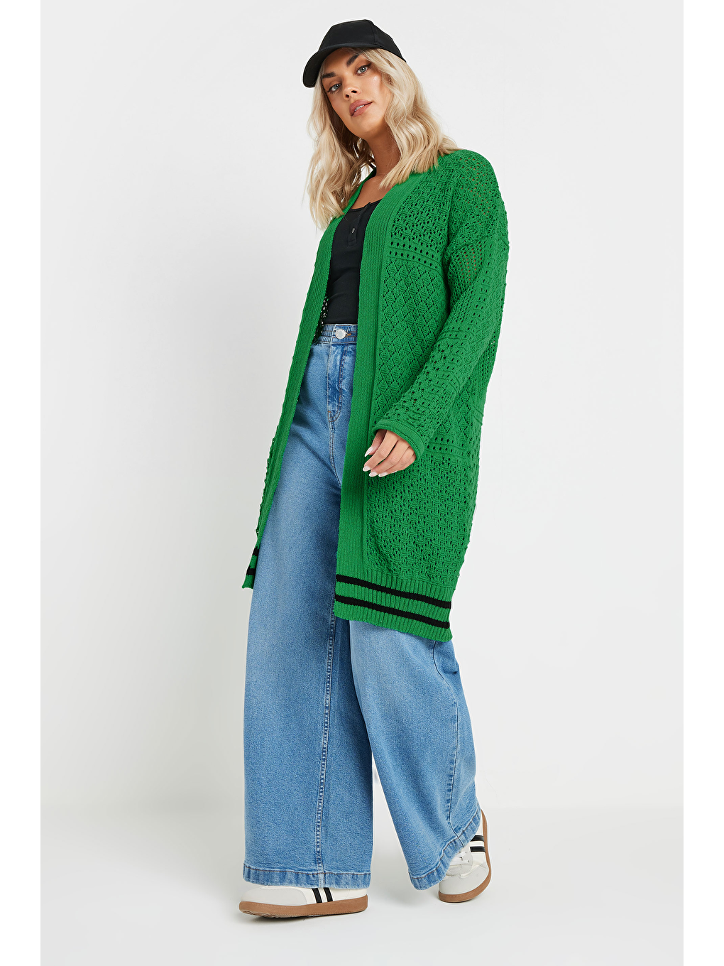 Yeşil Büyük Beden Uzun Kollu Önü Kapamasız Uzun Dantel Hırka 302325