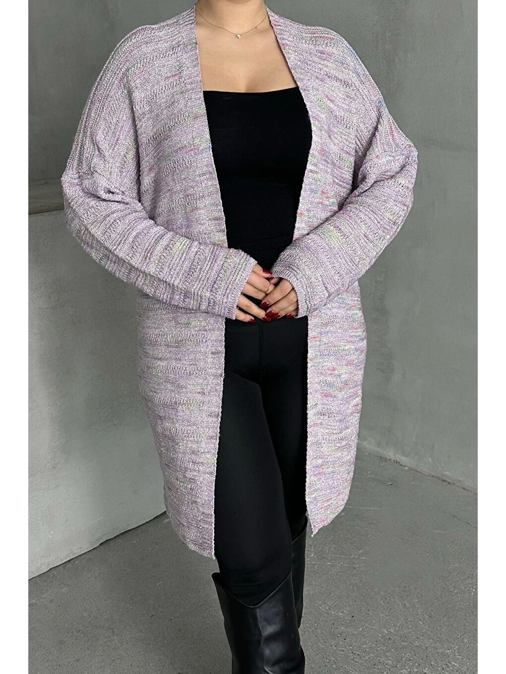 Lila Büyük Beden Uzun Kollu Önü Kapamasız İnce Örme Hırka 302300-3