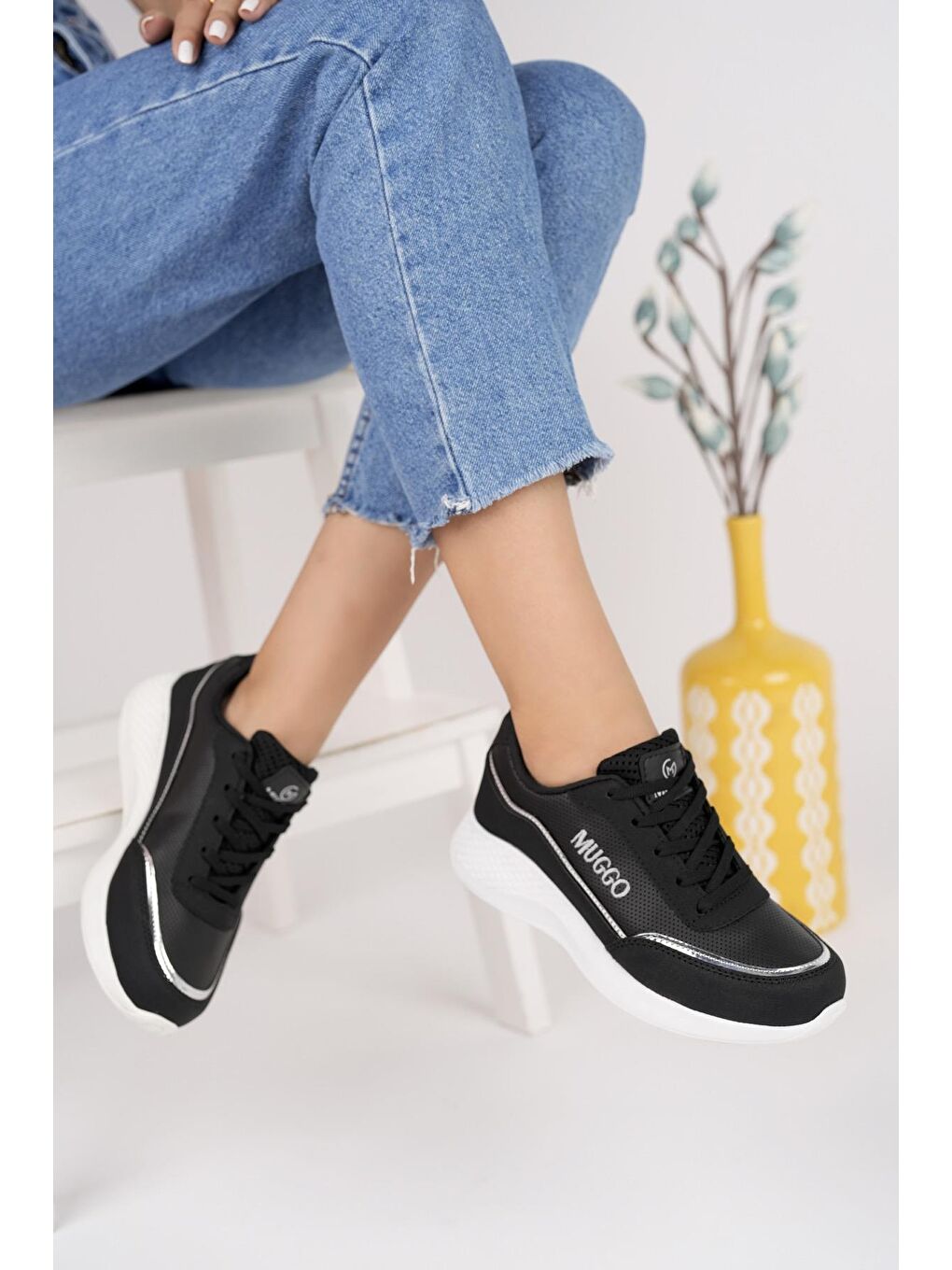 Siyah Happy Kadın Ortopedik Günlük Bağcıklı Şık Rahat Sneaker Spor Ayakkabı-1