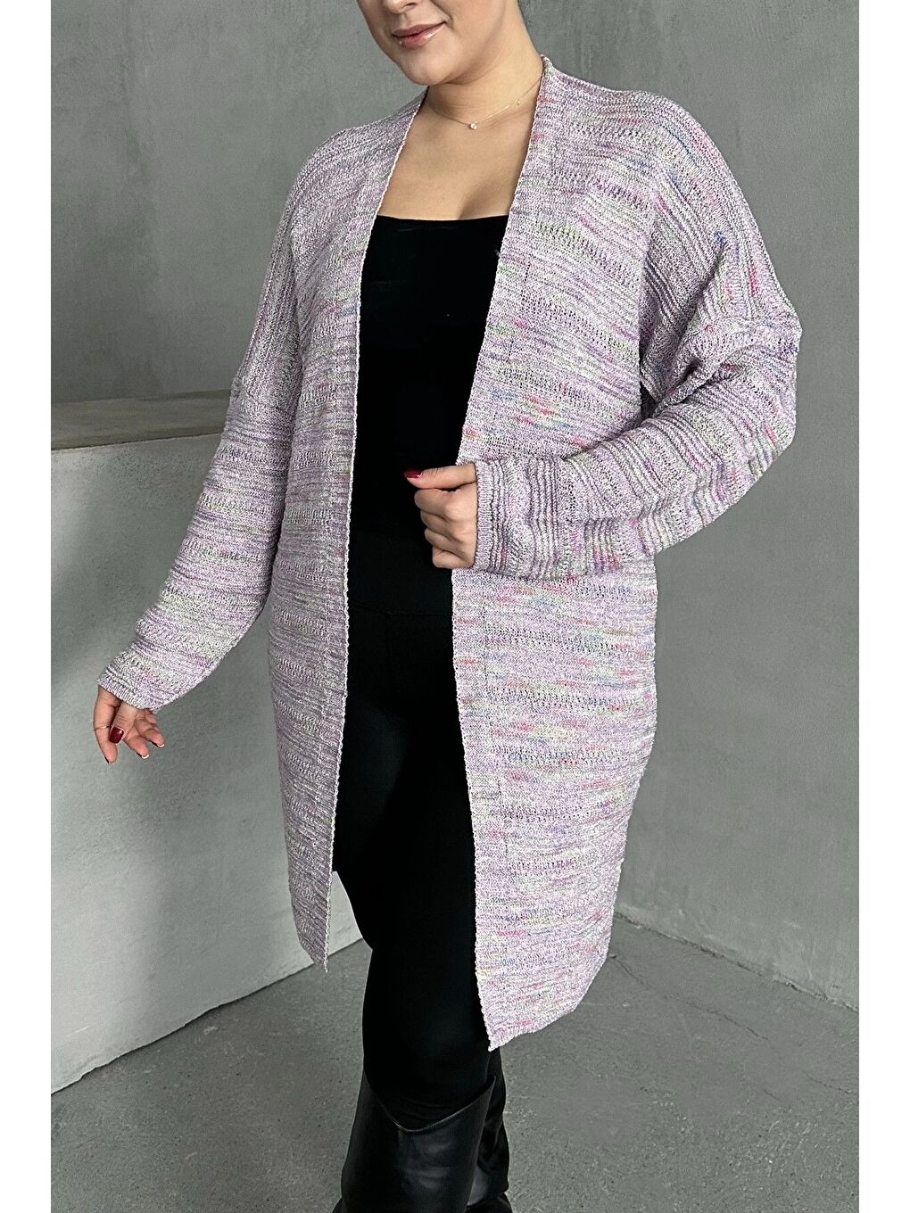 Lila Büyük Beden Uzun Kollu Önü Kapamasız İnce Örme Hırka 302300-5