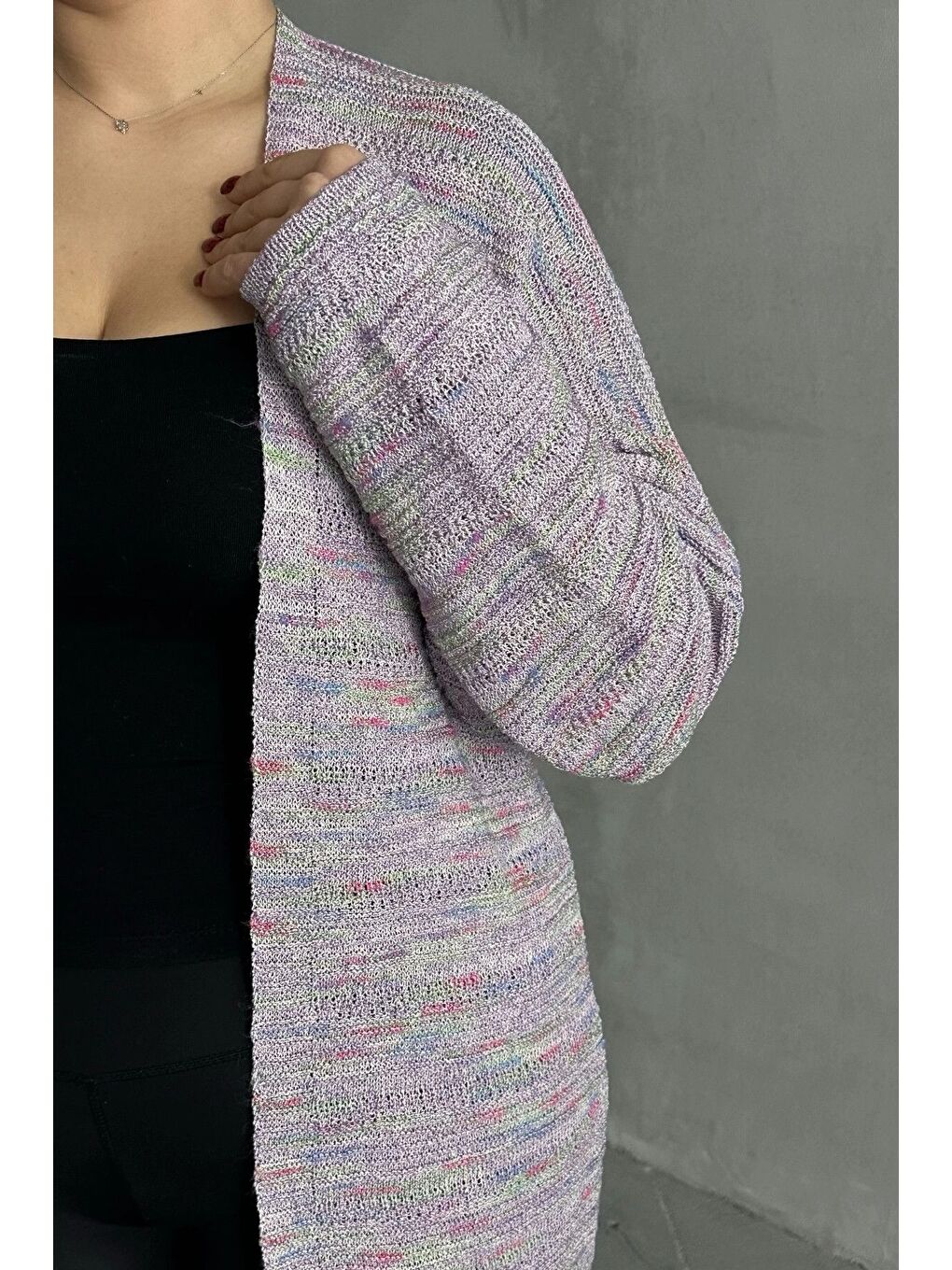 Lila Büyük Beden Uzun Kollu Önü Kapamasız İnce Örme Hırka 302300-6