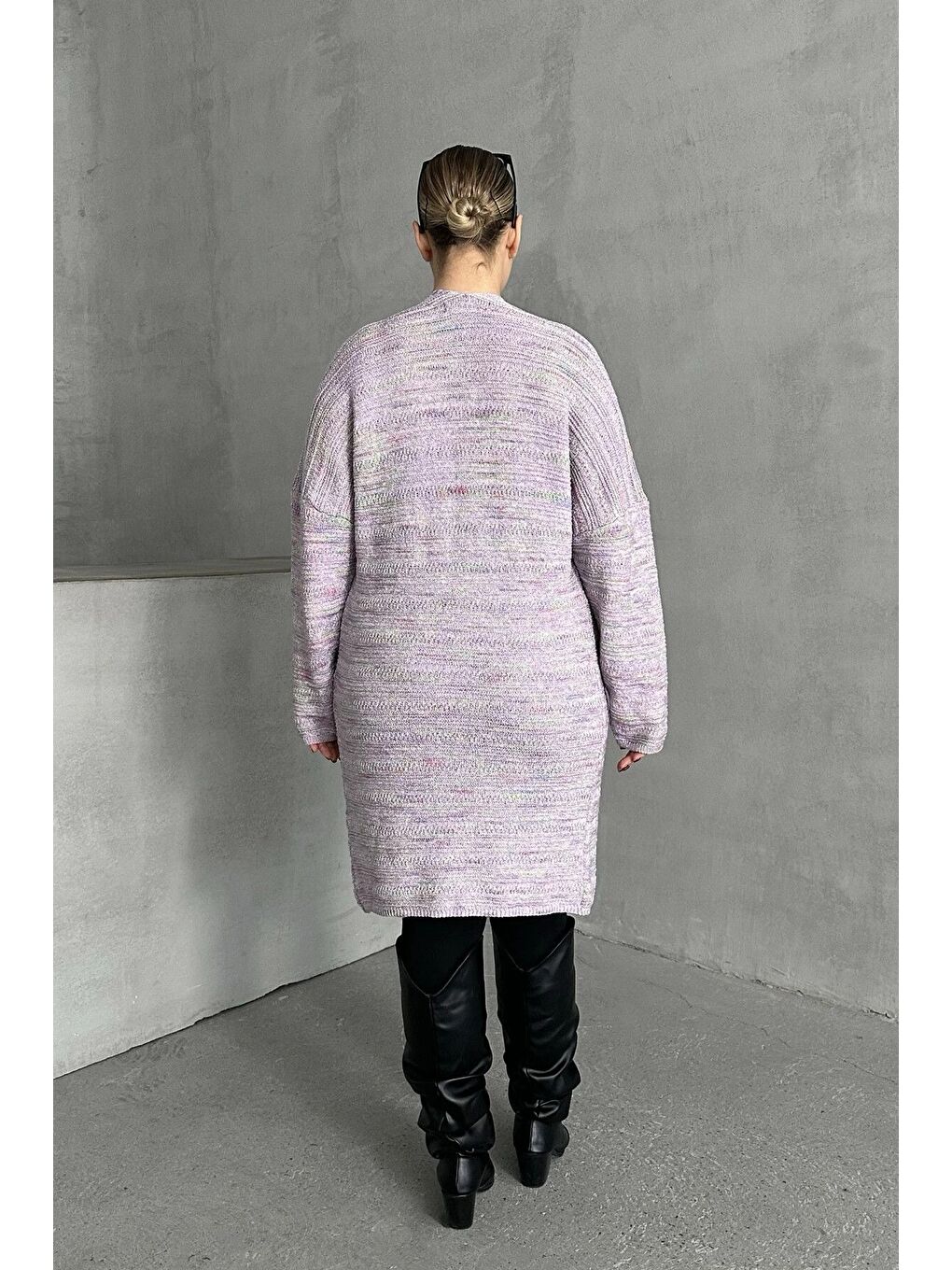 Lila Büyük Beden Uzun Kollu Önü Kapamasız İnce Örme Hırka 302300-7