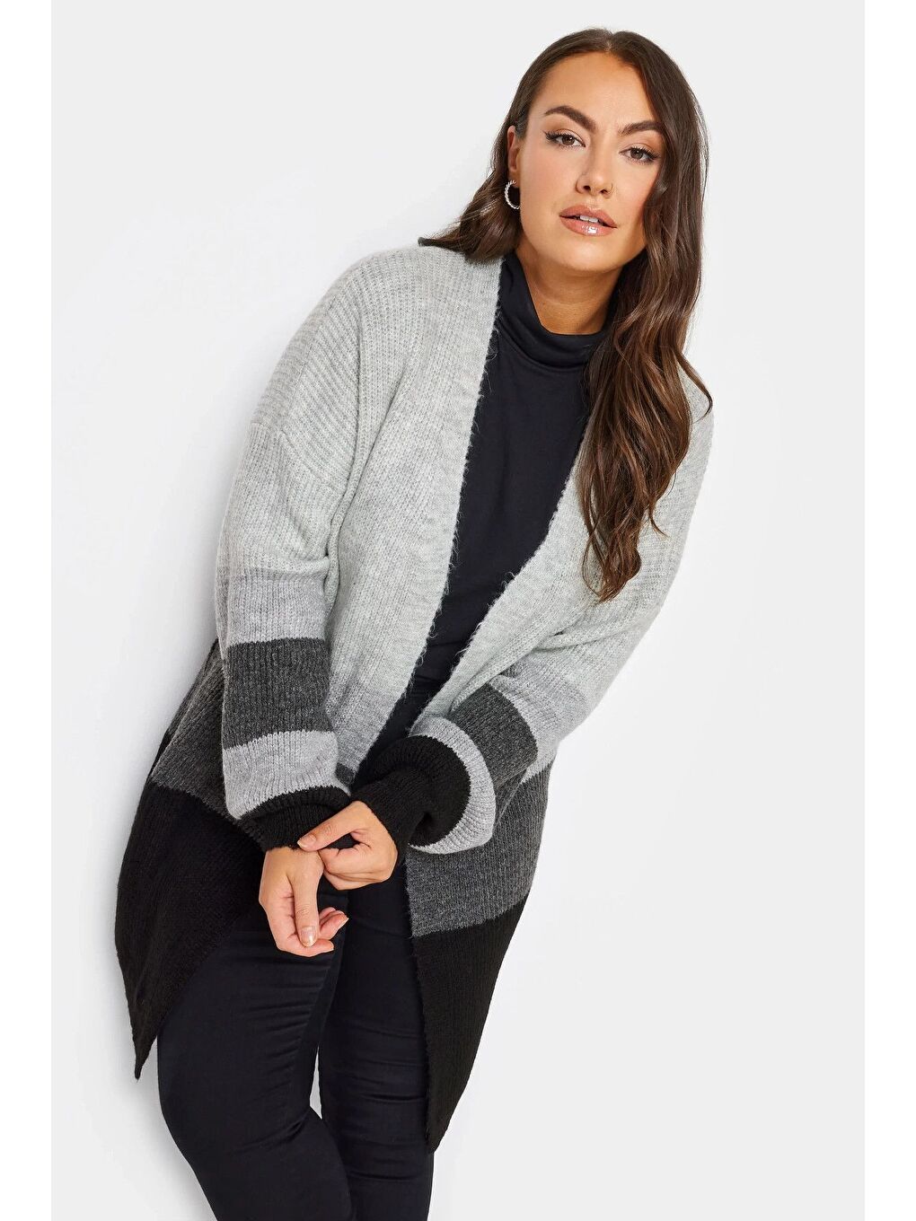 Gri Büyük Beden Uzun Kollu Renk Bloklu Önü Kapamasız Triko Hırka 301881
