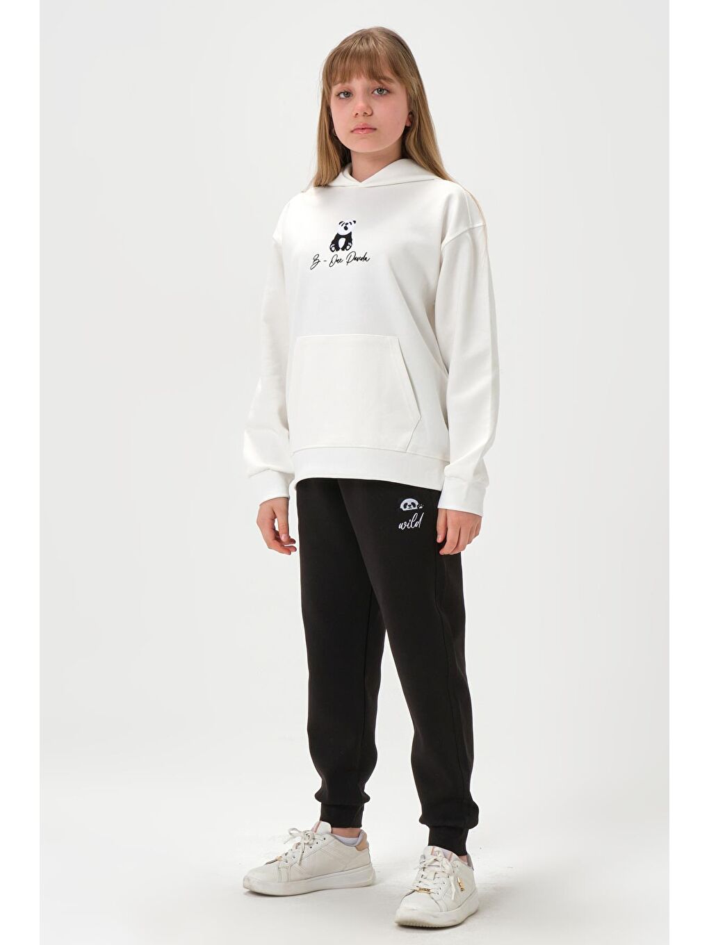 Ekru Kapüşonlu Nakış Detaylı Kız Çocuk Eşofman Takımı-2