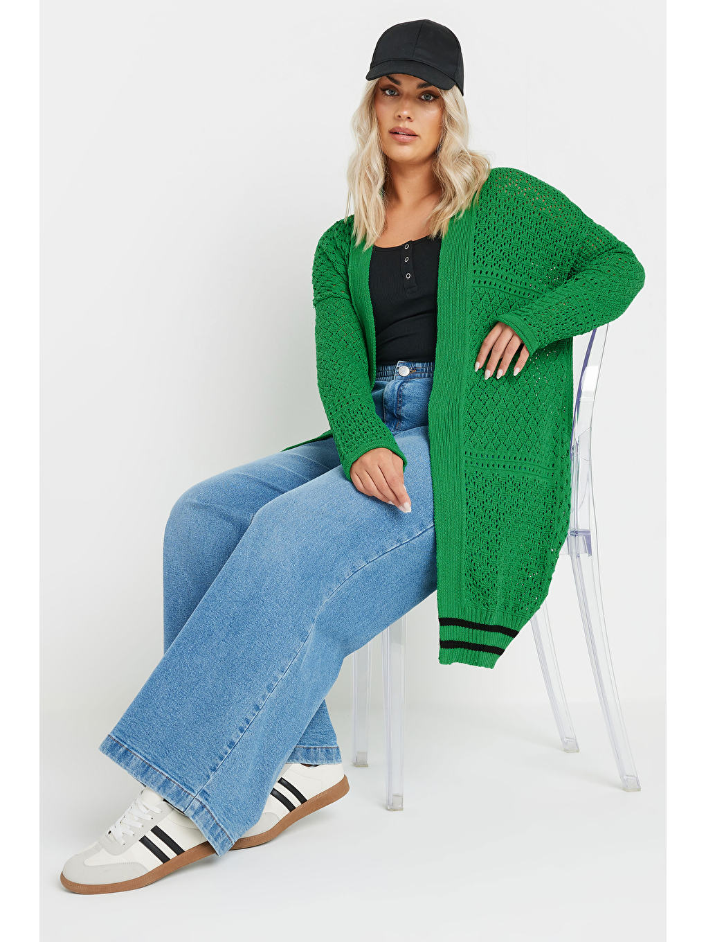 Yeşil Büyük Beden Uzun Kollu Önü Kapamasız Uzun Dantel Hırka 302325-1