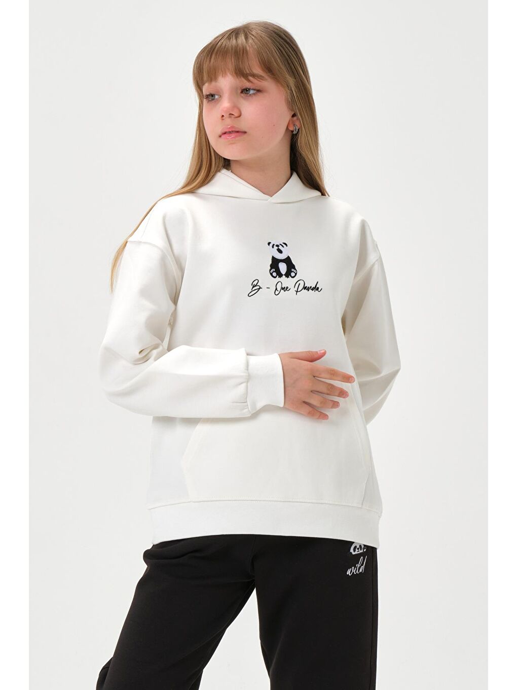 Ekru Kapüşonlu Nakış Detaylı Kız Çocuk Eşofman Takımı-3