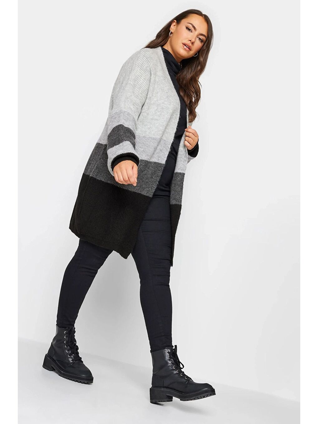 Gri Büyük Beden Uzun Kollu Renk Bloklu Önü Kapamasız Triko Hırka 301881-1