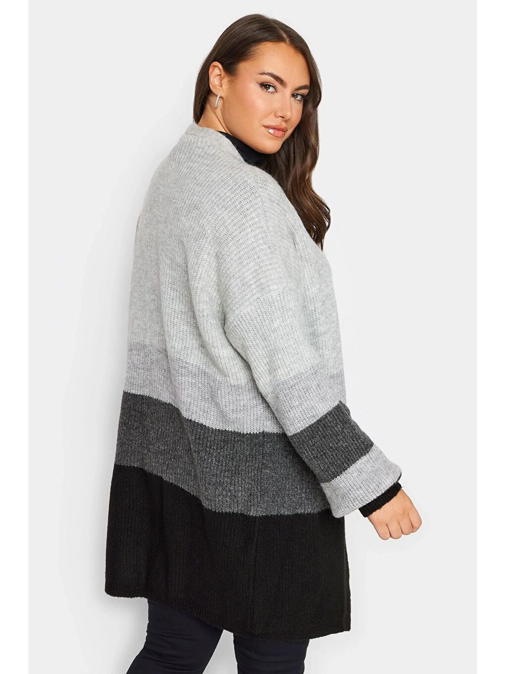 Gri Büyük Beden Uzun Kollu Renk Bloklu Önü Kapamasız Triko Hırka 301881-4