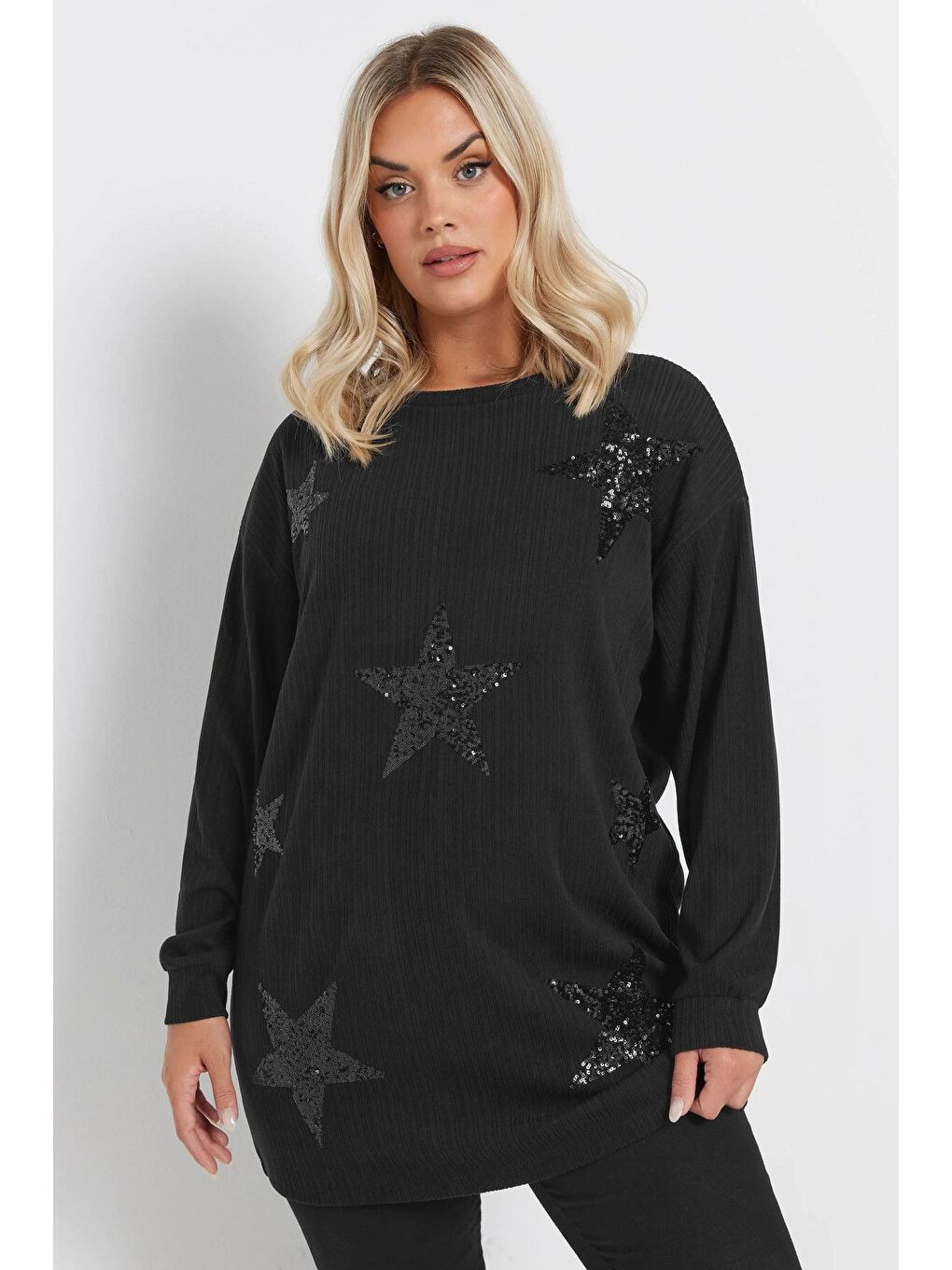 Siyah Büyük Beden Uzun Kollu Payet İşlemeli Bisiklet Yaka Sweatshirt 303789