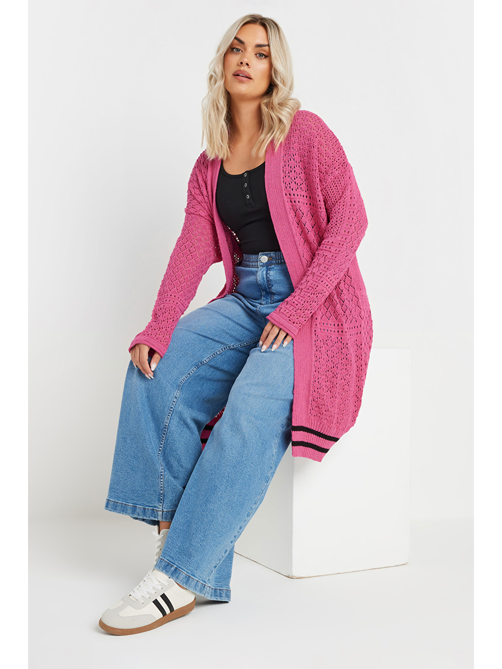 Pembe Büyük Beden Uzun Kollu Önü Kapamasız Uzun Dantel Hırka 302324-3