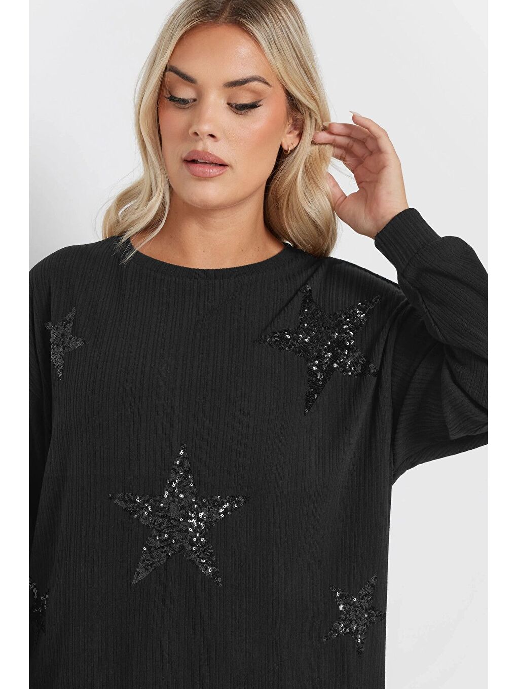 Siyah Büyük Beden Uzun Kollu Payet İşlemeli Bisiklet Yaka Sweatshirt 303789-1