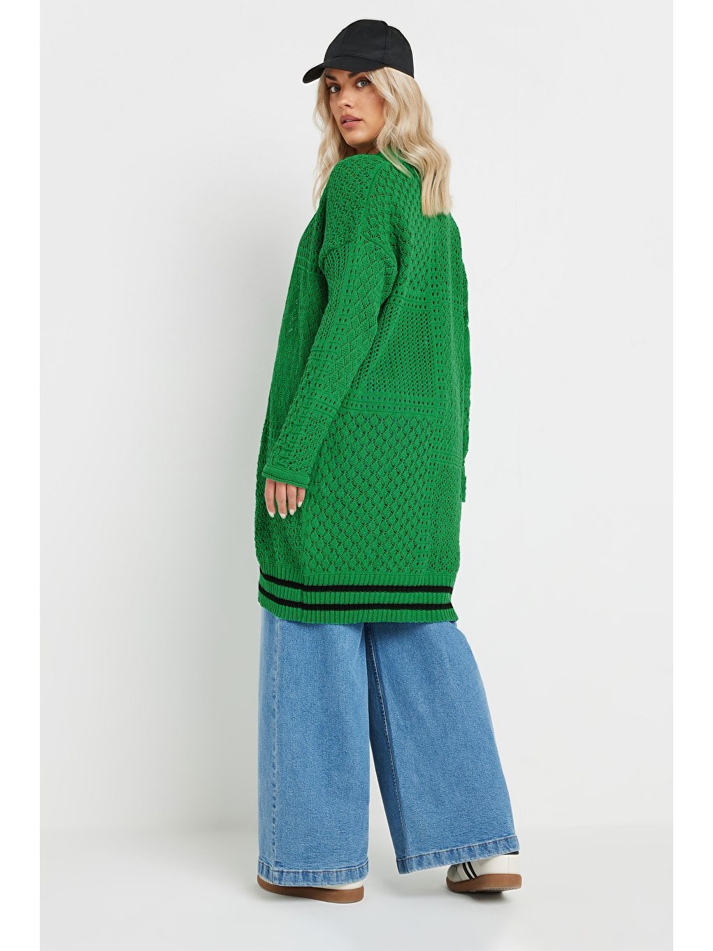 Yeşil Büyük Beden Uzun Kollu Önü Kapamasız Uzun Dantel Hırka 302325-3