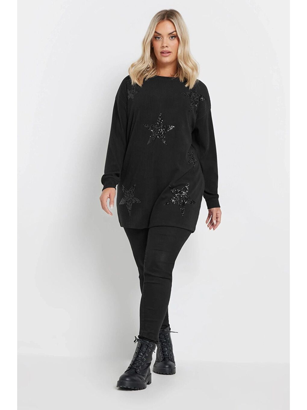 Siyah Büyük Beden Uzun Kollu Payet İşlemeli Bisiklet Yaka Sweatshirt 303789-3