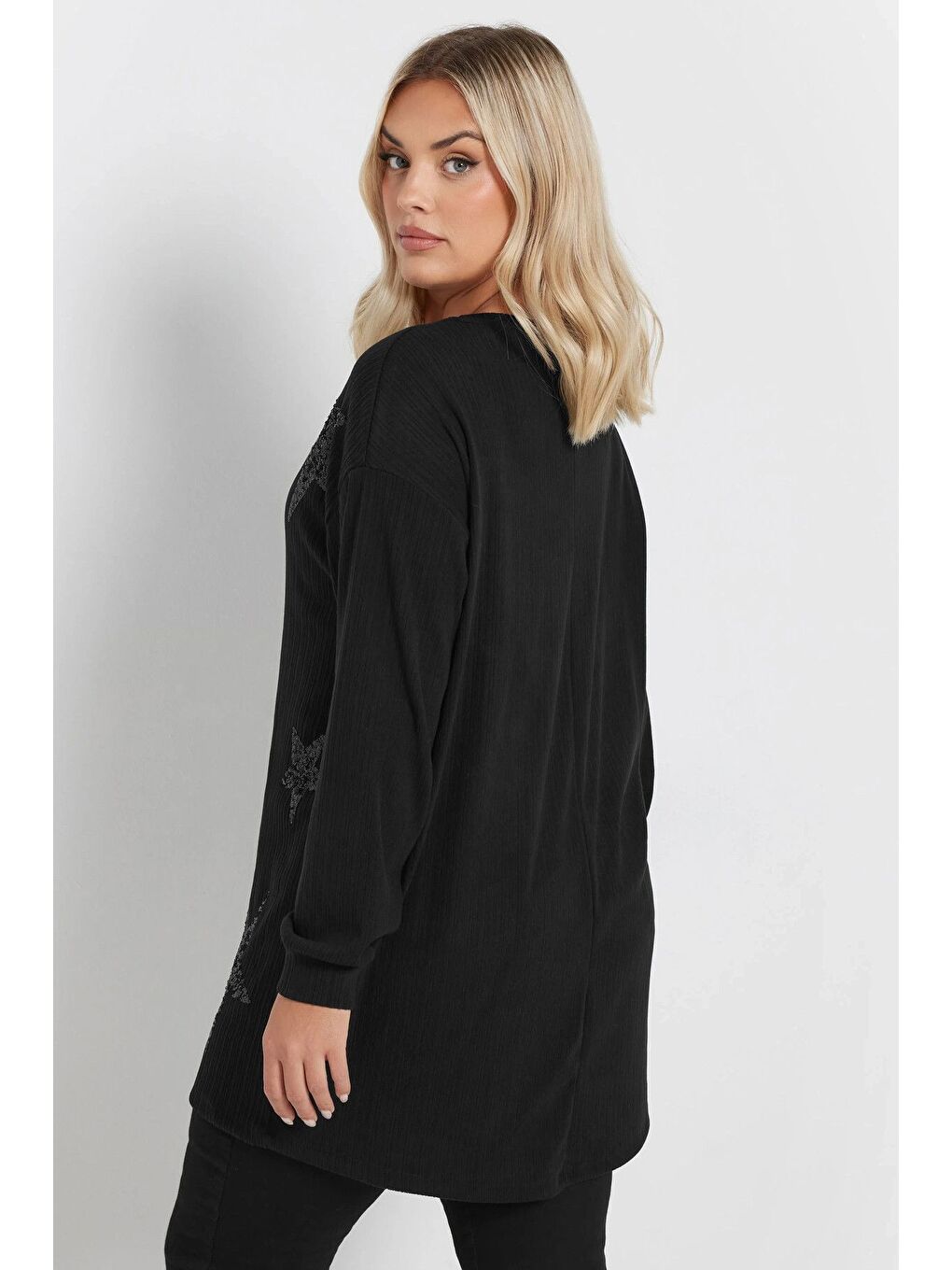 Siyah Büyük Beden Uzun Kollu Payet İşlemeli Bisiklet Yaka Sweatshirt 303789-4