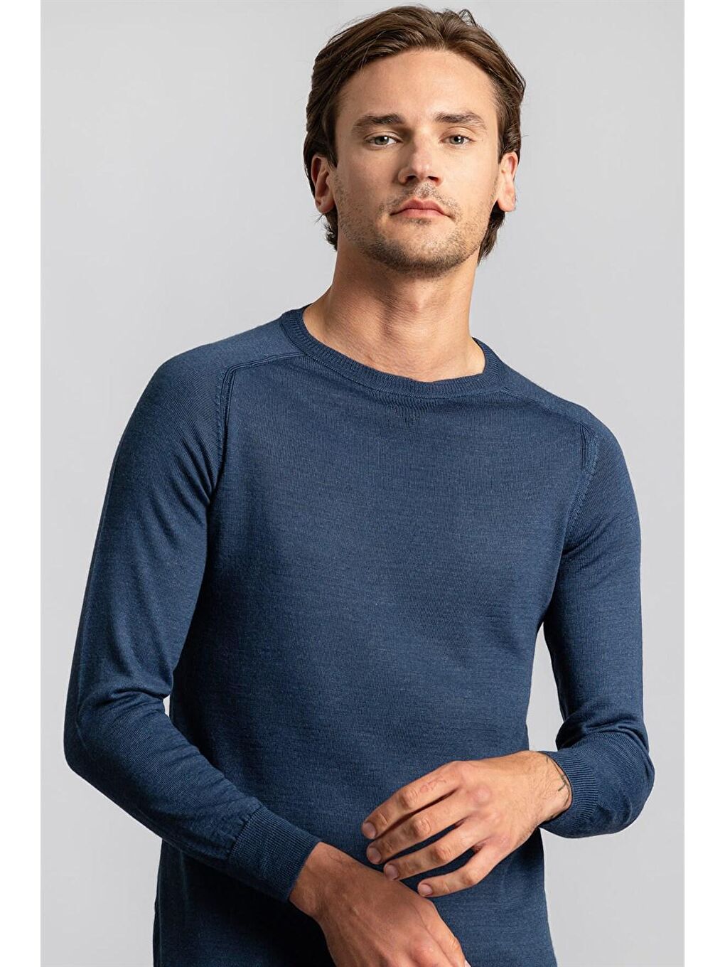 Slim Fit Bisiklet Yaka Düz Yün Erkek İndigo Kazak