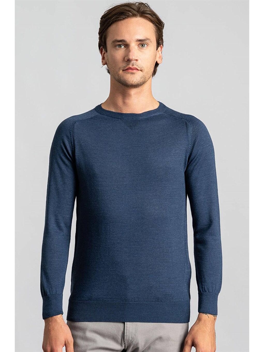 Slim Fit Bisiklet Yaka Düz Yün Erkek İndigo Kazak-1