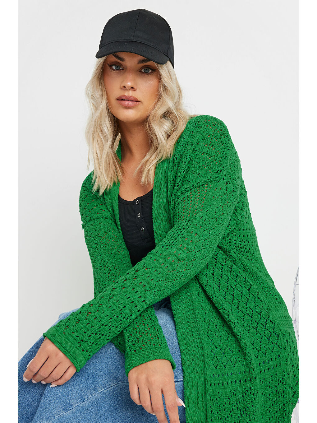 Yeşil Büyük Beden Uzun Kollu Önü Kapamasız Uzun Dantel Hırka 302325-4