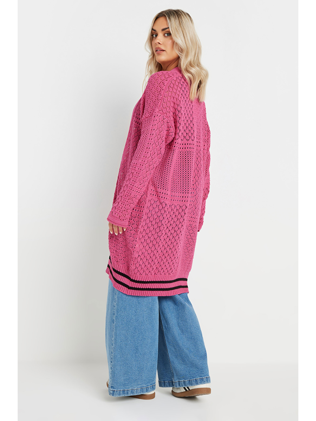 Pembe Büyük Beden Uzun Kollu Önü Kapamasız Uzun Dantel Hırka 302324-4