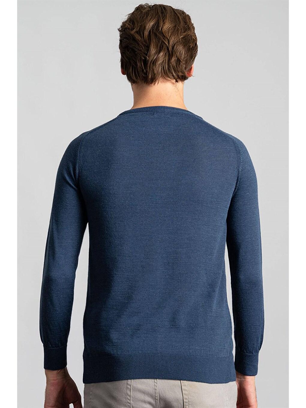 Slim Fit Bisiklet Yaka Düz Yün Erkek İndigo Kazak-3