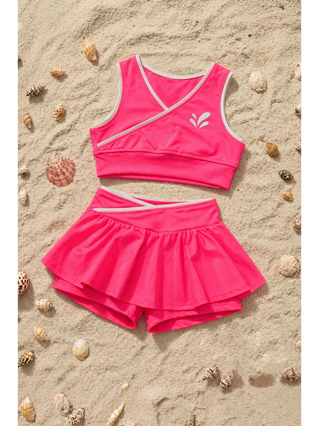 Kız Çocuk Sportif Fuşya Renk Crop - Şort Etek Alt Üst - Takım-1