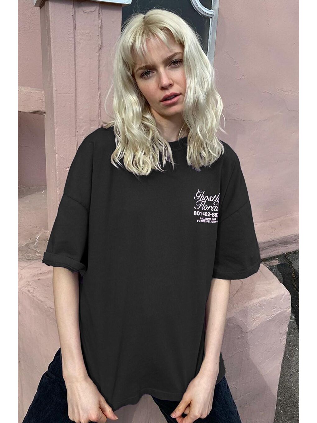 Siyah Baskılı Oversize Tişört Mg1513-2