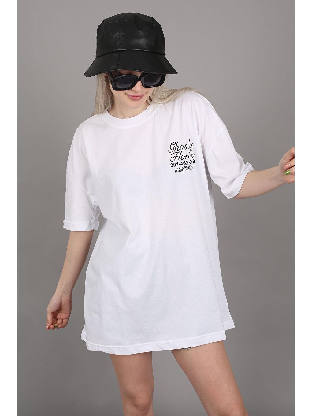 Beyaz Baskılı Oversize Tişört Mg1513